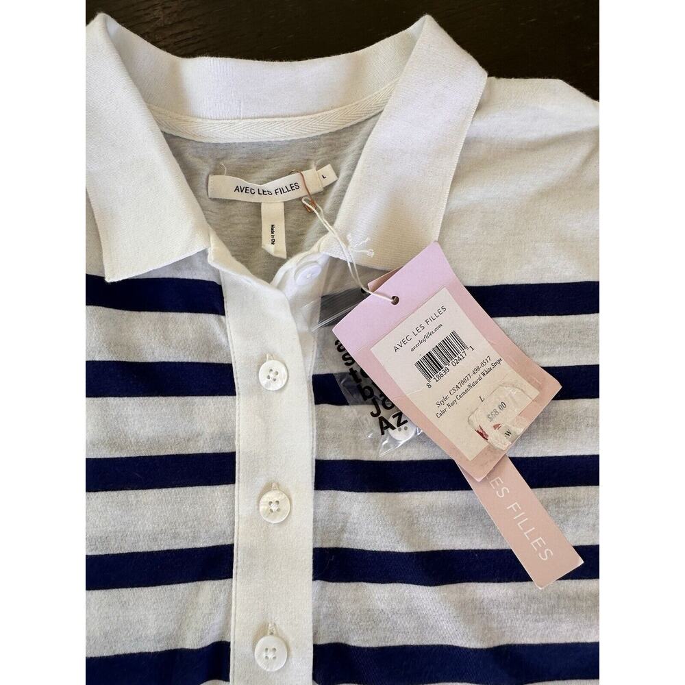 Avec Les Filles Dress Women's Blue White Stripes Short Sleeve Mini Large NWT $68